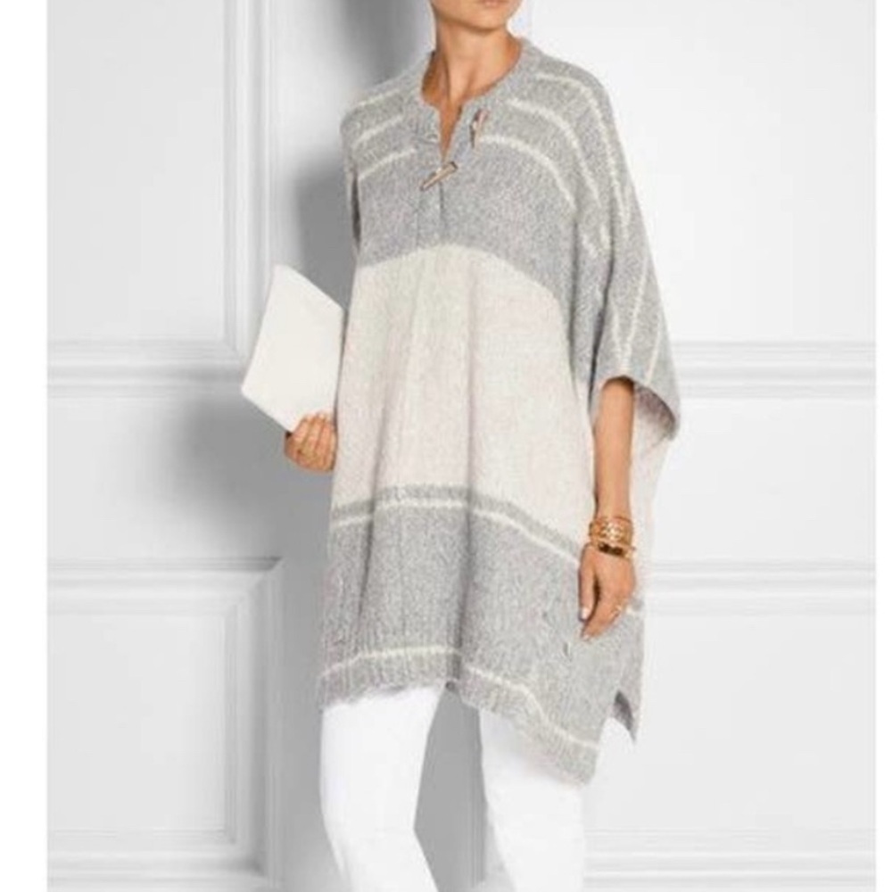 Raquel Allegra Alpaca Blend Poncho Gray White Distressed Womens One Size